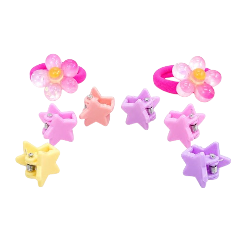 KIT ELÁSTICO DE CABELO FLOR + MINI PIRANHA ESTRELA INFANTIL